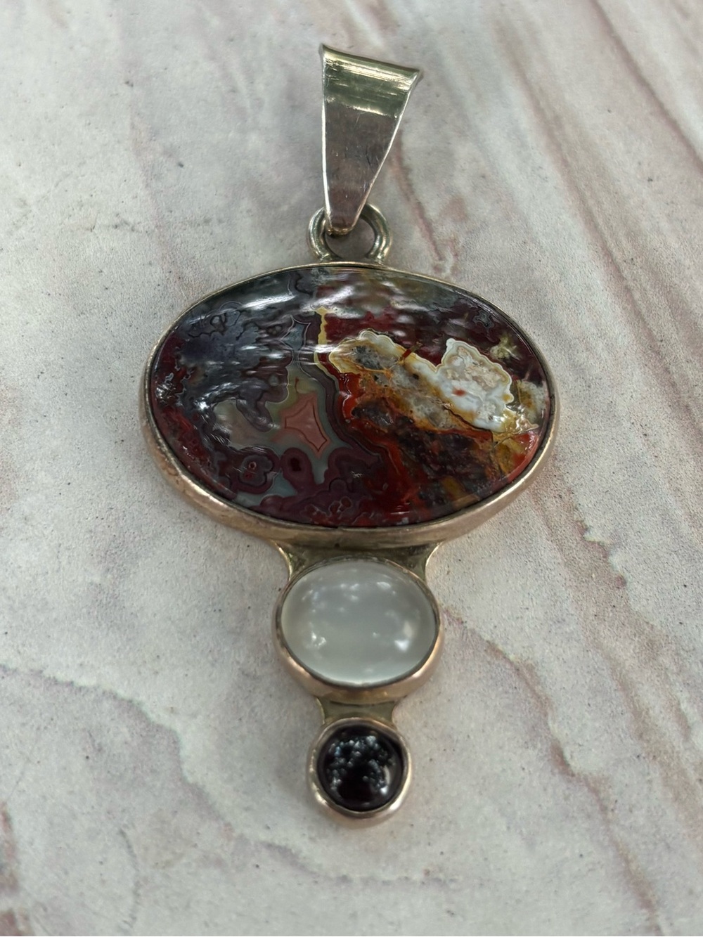 Signed Charles Albert Sterling Silver Agate Pendant 3-Stone Statement Piece 2”